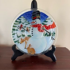 Peggy Karr Fused Glass Bowl Snowman Woodland Animals Deer Bunny Cardinals Winter